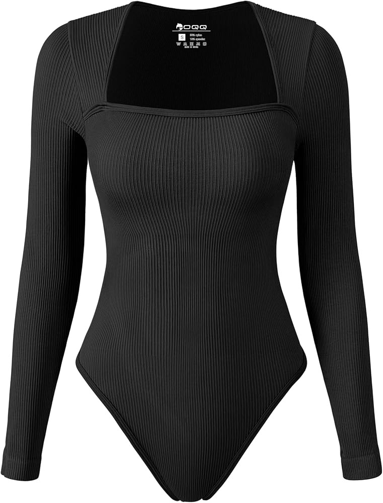 OQQ Women's Bodysuits Sexy Ribbed Square Neck Long Sleeve Tummy Control Casual Fall Bodysuits | Amazon (US)