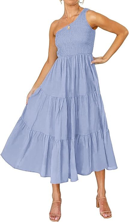 KIRUNDO 2022 Women's Summer One Shoulder Dress Solid Color Sleeveless High Waist Flowy Midi Dress... | Amazon (US)