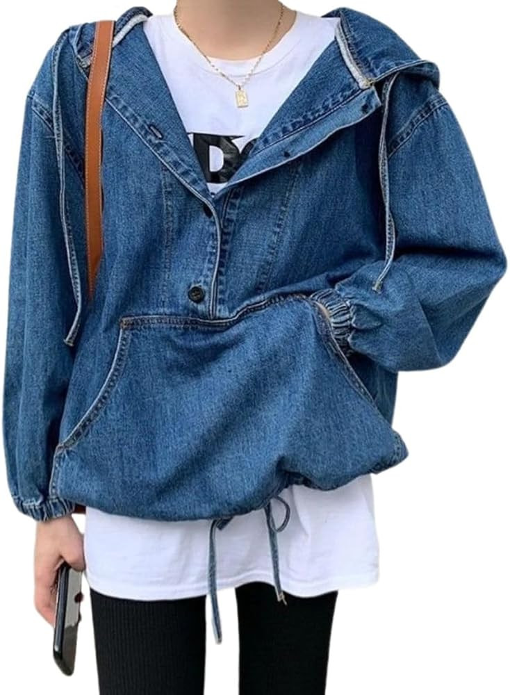 chouyatou Women Hooded 1/2 Button Down Pullover Denim Jacket Hoodie Boyfriend Casual Jean Sweatsh... | Amazon (US)