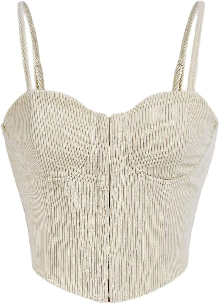 Floerns Women's Solid Corduroy Zip Front Bustier spaghetti Strap Corset Crop Top | Amazon (US)