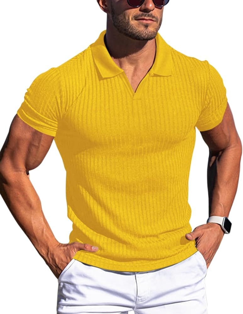 Men's Muscle V Neck Polo Shirts Slim Fit Short Long Sleeve Cotton Golf T-Shirts Ribbed Knit Soft ... | Amazon (US)