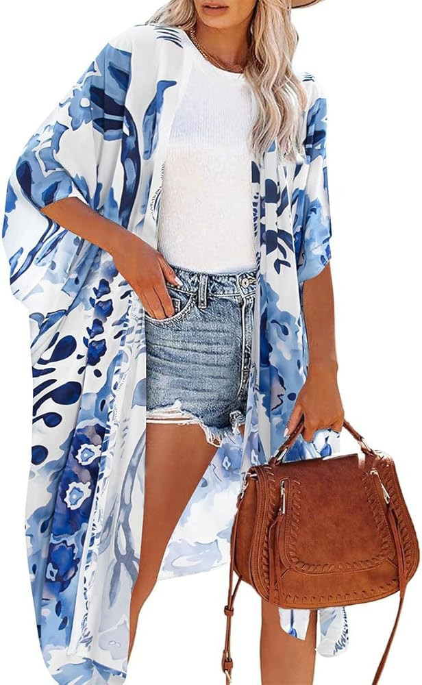 Women's Summer Beach Cover ups Casual Rayon Floral Print Kimonos Loose One size Cardigans for Swi... | Amazon (US)