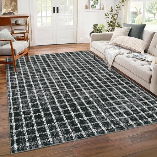 ROYHOME Checkered 8x10 Rug for Living Room Black White Braided Geometric Print Soft Low-Pile Thin Large Washable Rugs for Bedroom for Dining Room | Amazon (US)