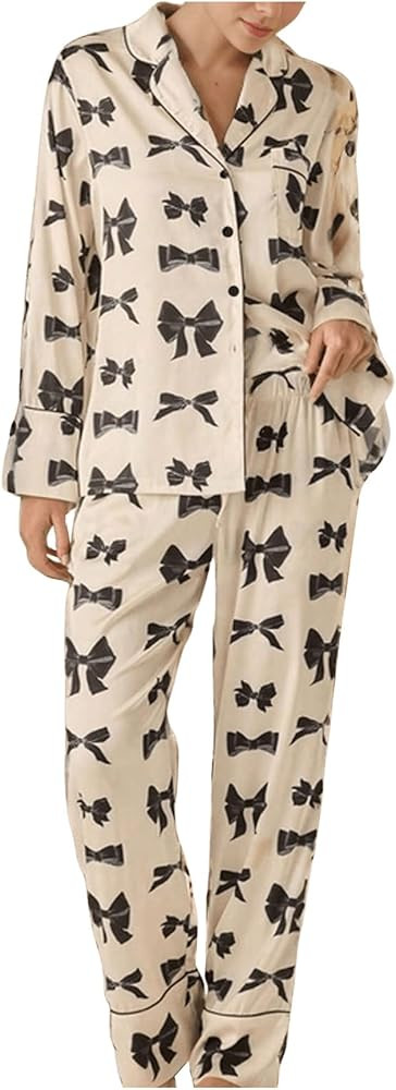SHENHE Women's Bow Pajamas 2 Piece Long Sleeve Button Coquette Shirt and Cute Pants Pjs Sleep Set | Amazon (US)