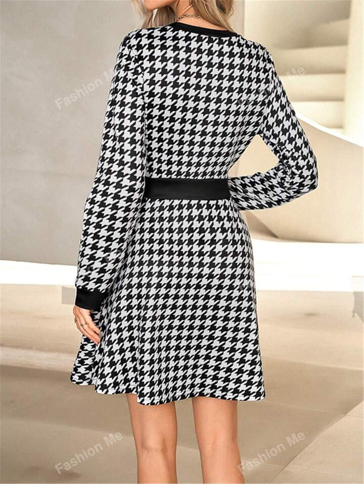 Houndstooth Button Decorated Dress | SHEIN