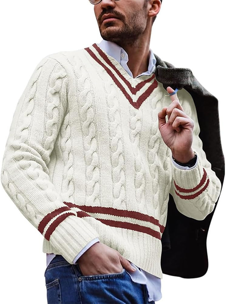 chouyatou Men's Casual V Neck Contrast Stripes Cable Knit Pullover Sweater Tops | Amazon (US)