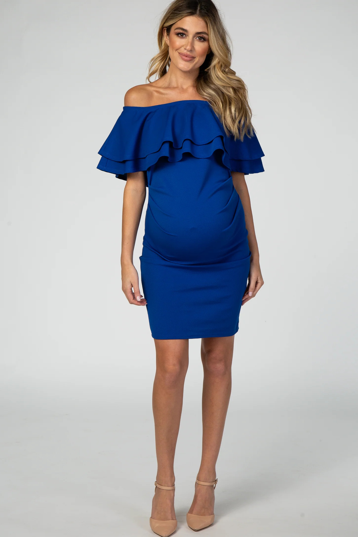Royal Blue Off Shoulder Ruched Maternity Dress | PinkBlush Maternity