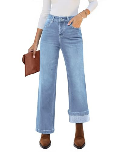 luvamia Flare Jeans for Women Thin Fleece Lined High Waisted Wide Leg Trendy Fall Stretchy Denim Pants Trouser Jeans Powder Blue Size Large Fits US Size 12-14 | Amazon (US)