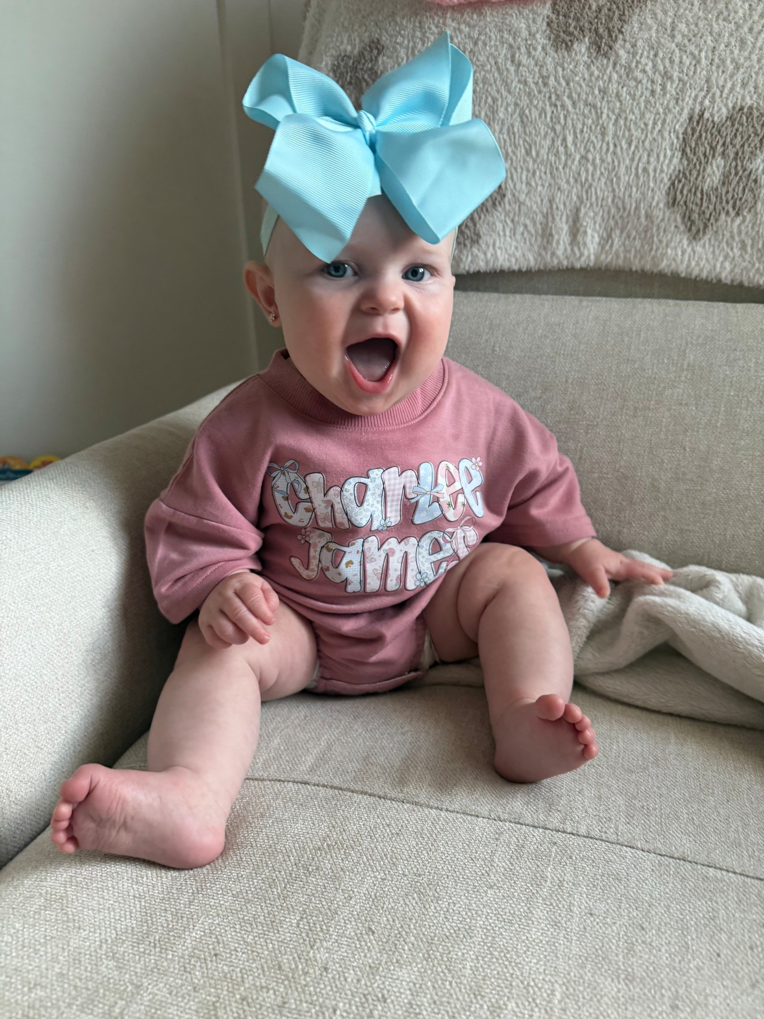 Obsessed with personalized bubble rompers right now 🤪 
I got her the color light mauve in 3-6 and I would say it’s a little big, but I don’t think the size down would fit very long!  

#girlmom 

#LTKFamily #LTKBaby #LTKBump