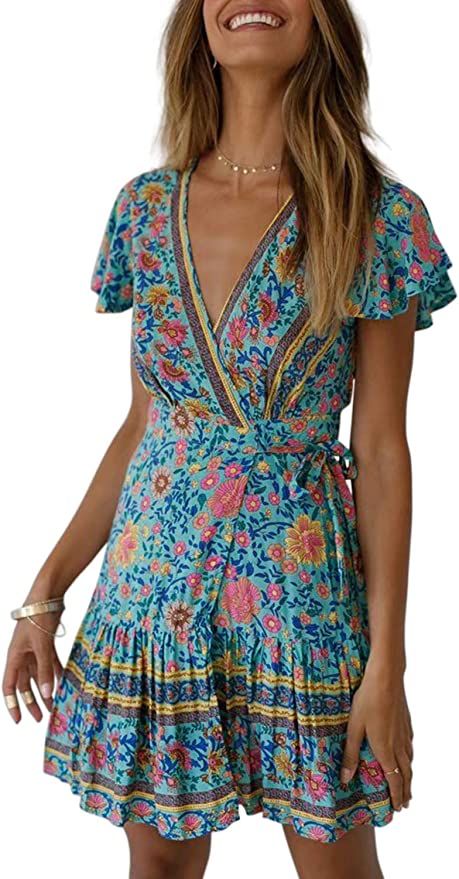 ZESICA Women’s Summer Wrap V Neck Bohemian Floral Print Ruffle Swing A Line Beach Mini Dress | Amazon (US)