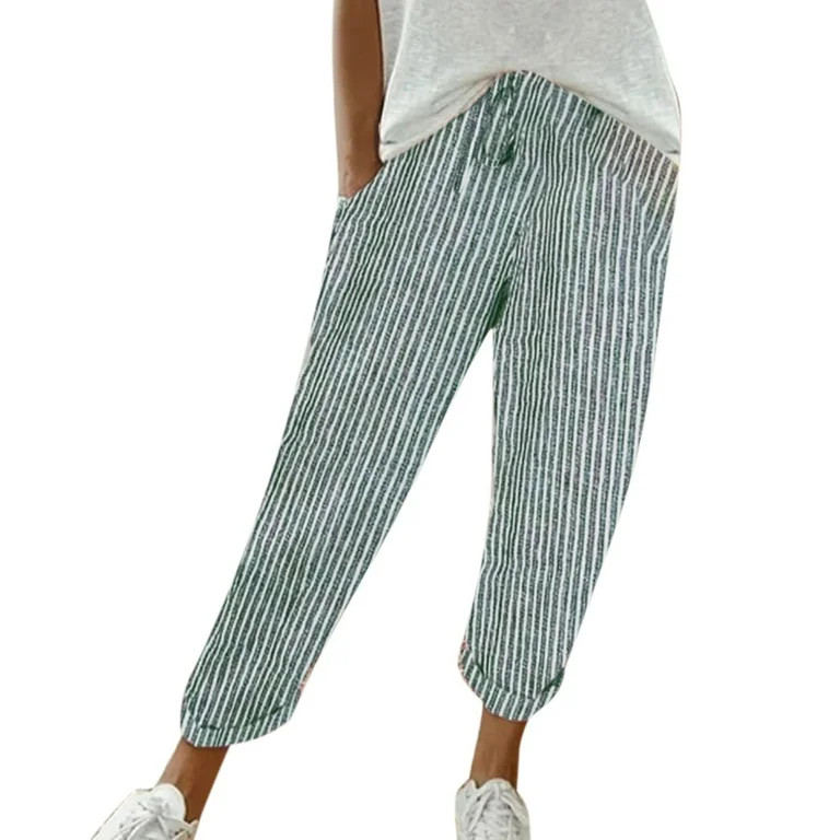 Women's Elastic Waist Striped Casual Pants Loose Cotton And Linen Pants | Walmart (US)