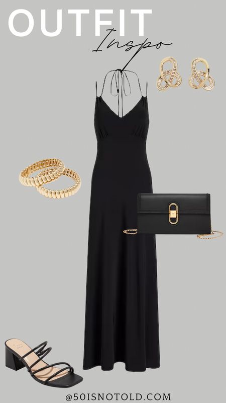 Womens outfit Inspo | black halter maxi dress | black heels | gold bracelet stack | summer dress | date night | girls night out 

#LTKstyletip #LTKwedding #LTKover40