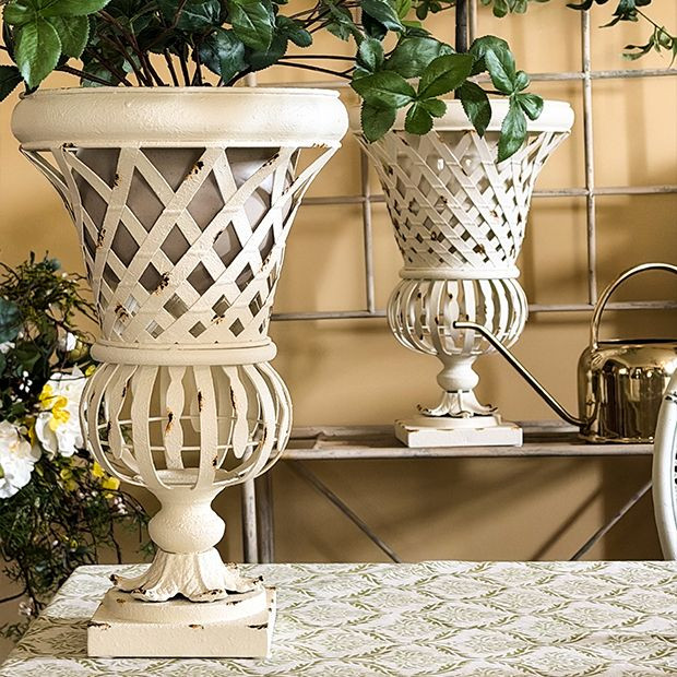 Distressed Finish Woven Metal Footed Urn | Antique Farm House