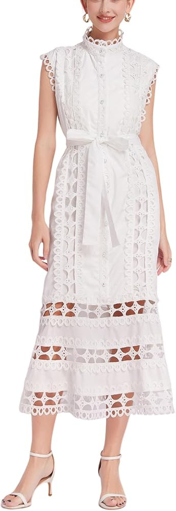 Women Lace Hollow Out Dress Party Midi Casual Sleeveless Button High Neck Dresses with Belt | Amazon (US)