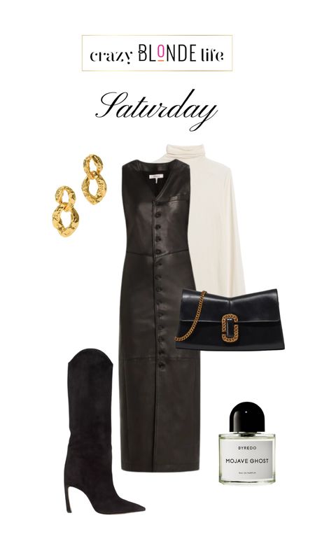 A beautiful look for a night out! Loving this leather dress from frame. Layer over a cream turtleneck and pair with black books and gold accessories! 

#LTKshoecrush #LTKitbag #LTKstyletip