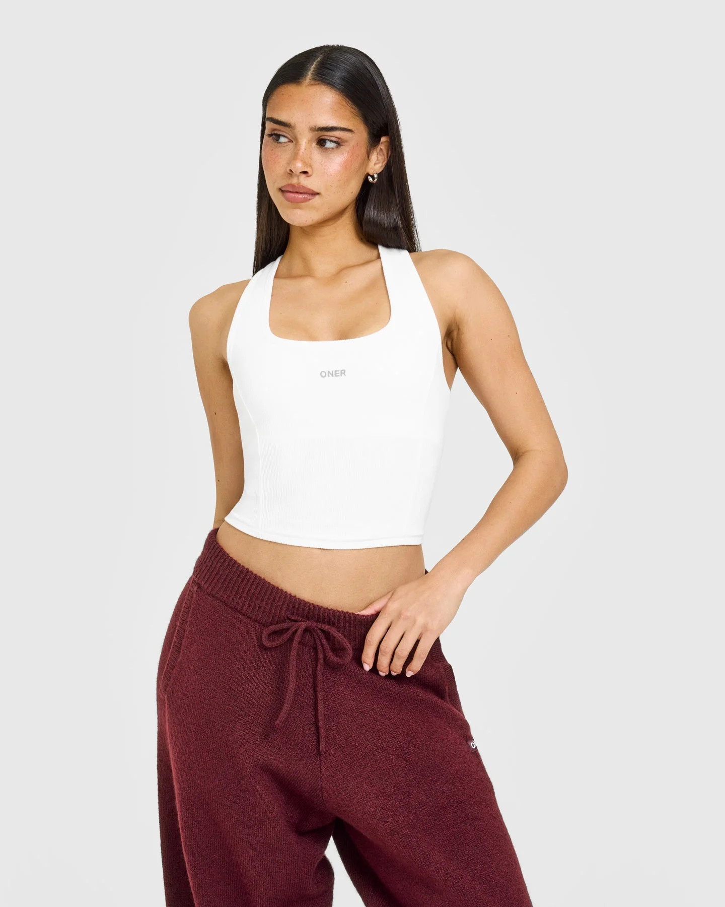 Mellow™ Rib Oner Embroidered Square Neck Mid Tank Top with Built in Bra Shelf 
 White | Oner Active (UK / US)