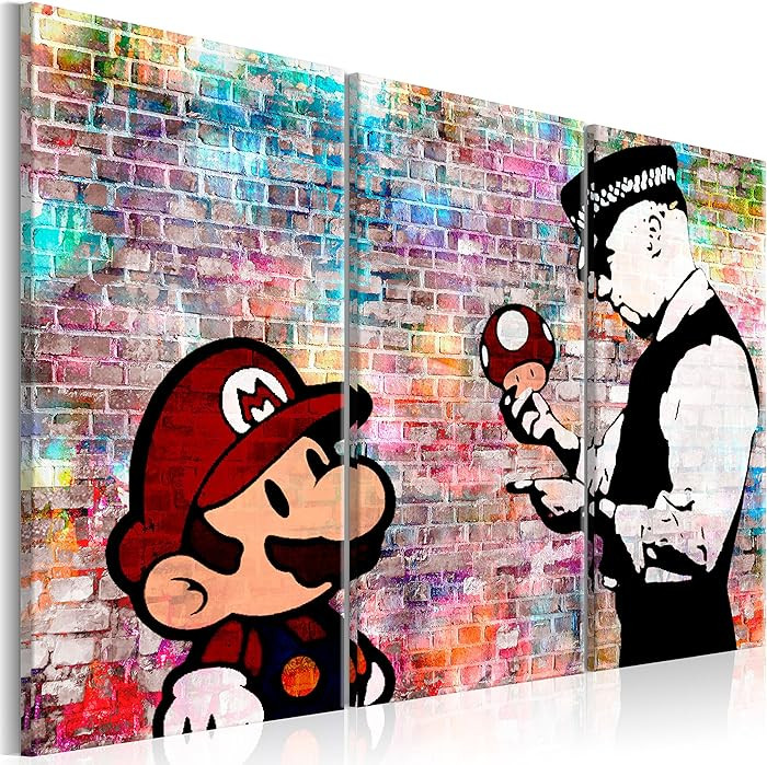 artgeist Textured Canvas Wall Art Banksy Super Mario Mushroom Cop 53x35 in - 3pcs Painting Canvas... | Amazon (US)