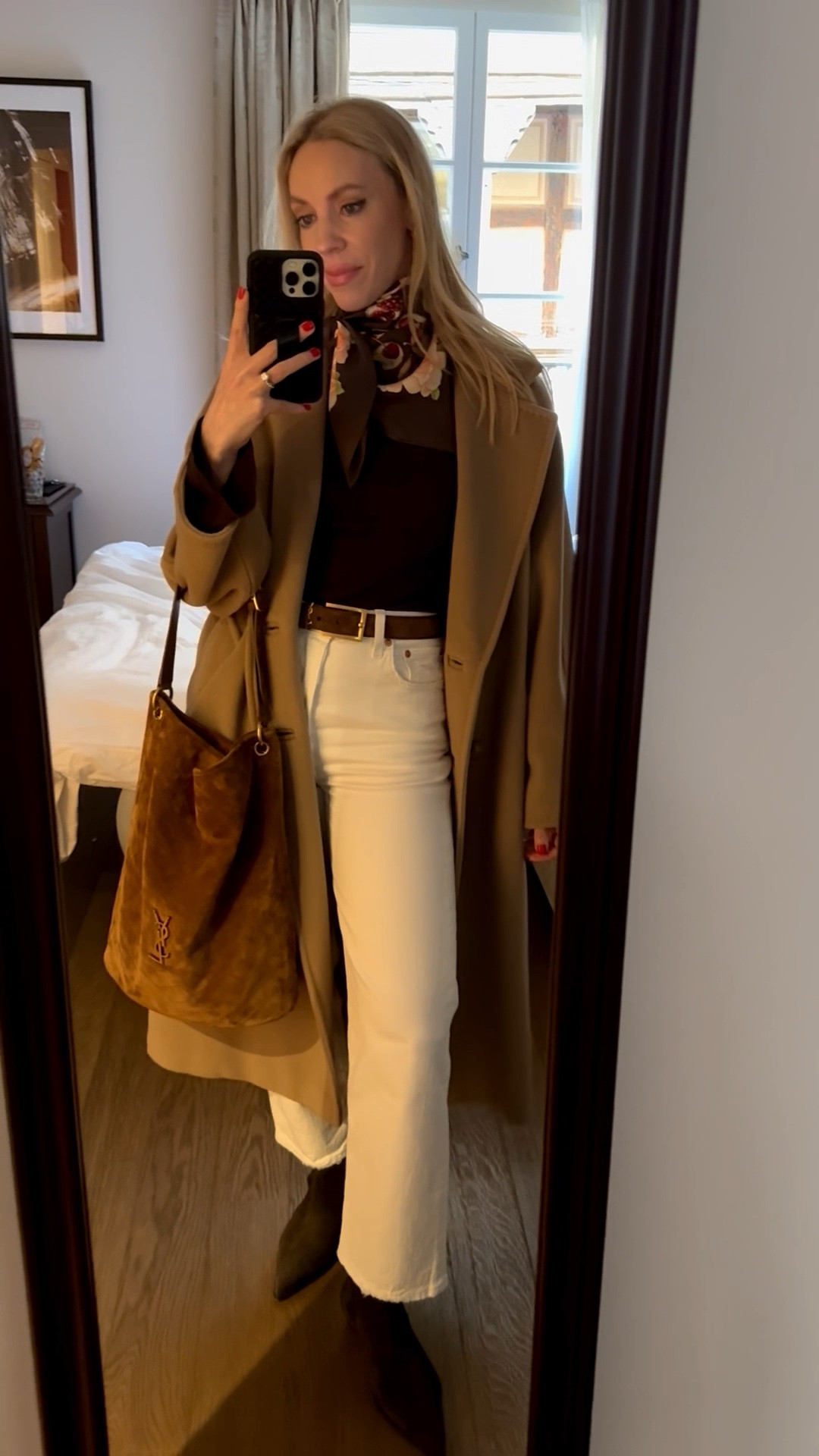 Spring outfit, travel look, silk scarf outfit, camel coat, @Levi's white ankle jeans, YSL suede belt, YSL suede bucket bag 

#LTKSeasonal #LTKOver40 #LTKTravel