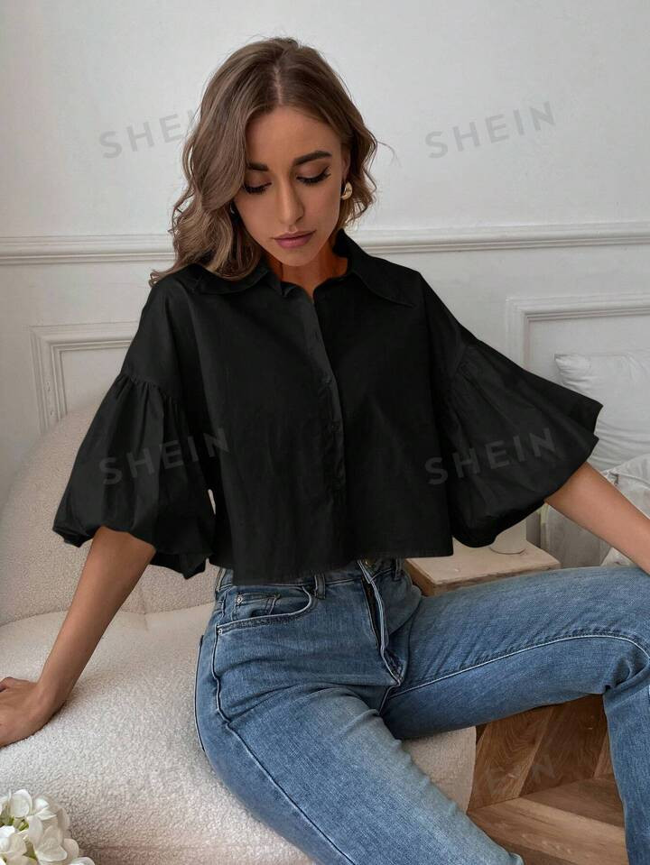 SHEIN Privé Solid Color Puff sleeve Cropped Shirt | SHEIN USA | SHEIN