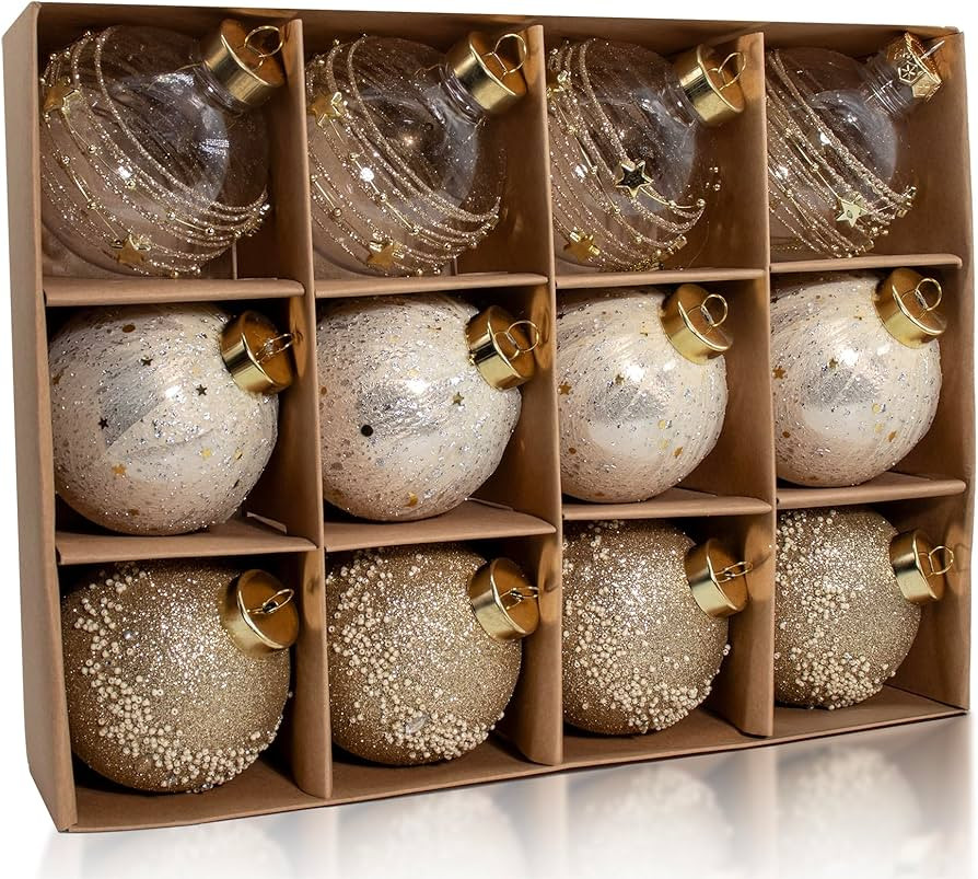 12PCS Clear Glitter Christmas Ball Ornaments, 3.15" Champagne Gold Sequin Christmas Decoration Se... | Amazon (US)