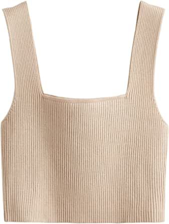 Verdusa Women's Square Neck Sleeveless Solid Ribbed Knit Crop Top Tank Beige L at Amazon Women’... | Amazon (US)