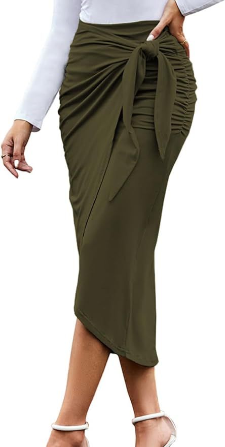 UEOIOW Women Ruched Pencil Skirt High Waist Wrap Tie Front Asymmetrical Long Maxi Skirts Bodycon ... | Amazon (US)