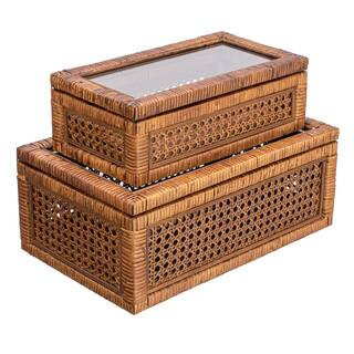 Hello Honey® Dark Brown Modern Decorative Rectangle Woven Rattan & Wood Display Box Set with Glass Top | Michaels® | Michaels Stores