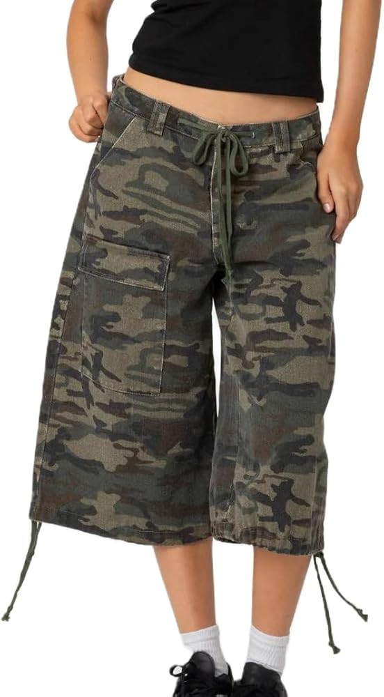 Mxiqqpltky Y2K Cargo Jean Shorts Women Summer Camouflage Print Drawstring Low Rise Baggy Denim Sh... | Amazon (US)