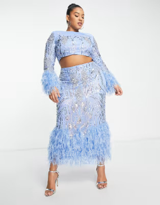 ASOS LUXE Curve cropped embellished top with faux feather cuffs in blue - part of a set | ASOS | ASOS (Global)