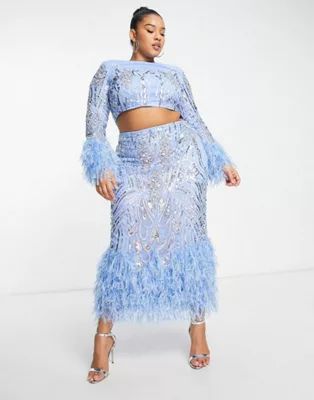 ASOS LUXE Curve cropped embellished top with faux feather cuffs in blue - part of a set | ASOS | ASOS (Global)