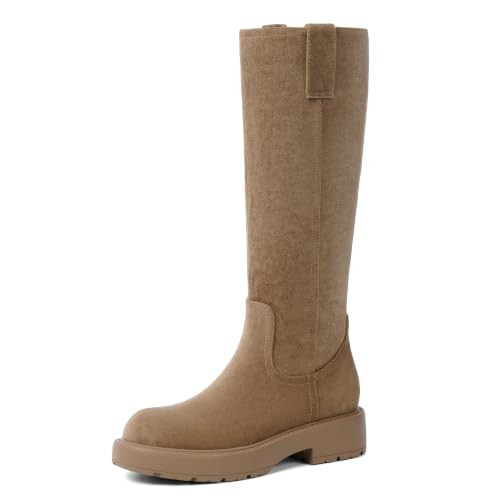 Knee High Boots Women Platform Chunky Low Heel Riding Boots, Suede Tan, 8.5 | Amazon (US)