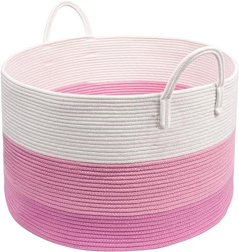 INDRESSME XXXLarge Pink Woven Rope Basket | Wide 21" x 14" Blanket Storage Basket with Long Handl... | Amazon (US)