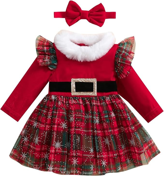 BeQeuewll Baby Girl Christmas Outfit Red Green Dress Long Sleeve Velvet Party Tulle Dress Toddler... | Amazon (US)