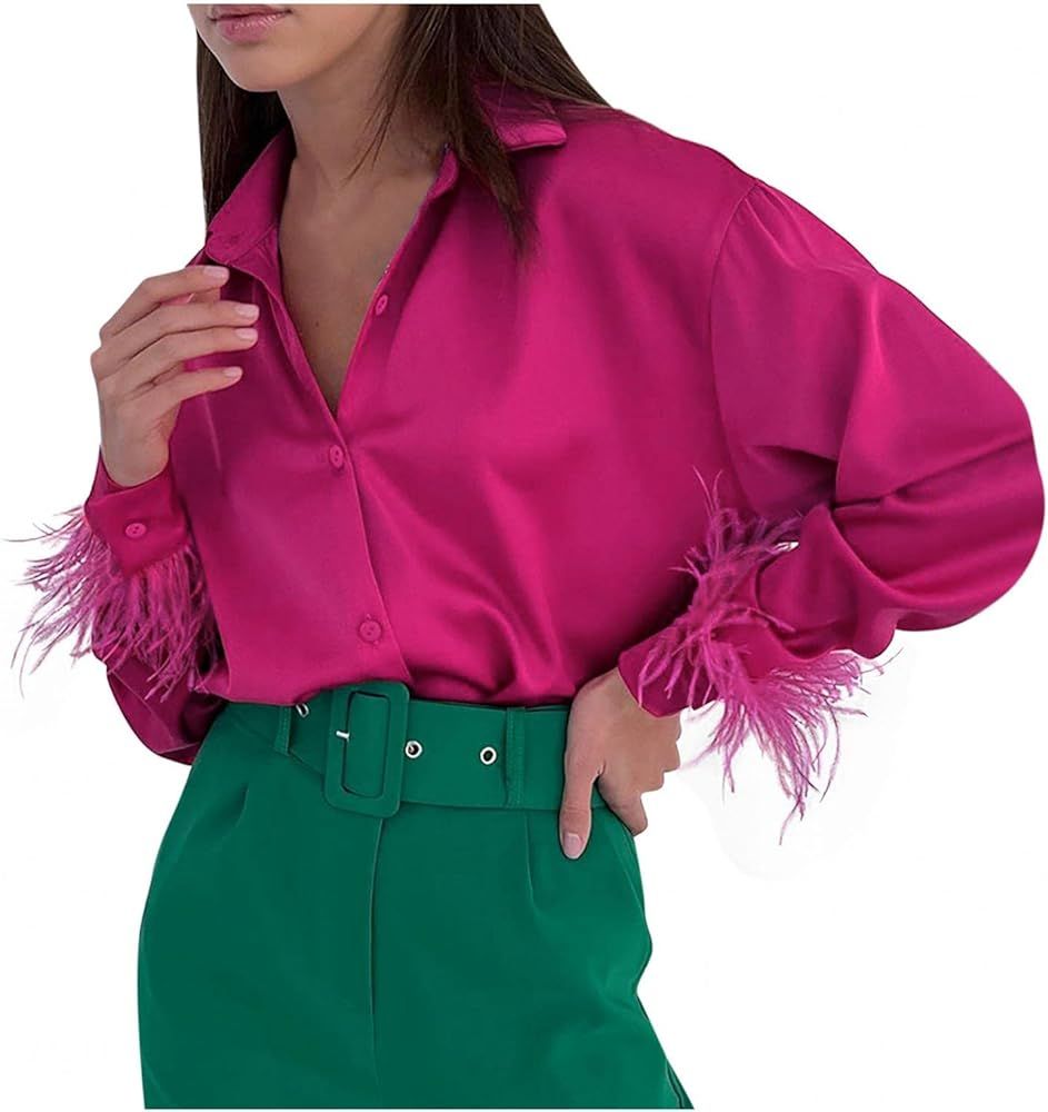 Women Long Feather Sleeve Satin V Neck Blouse Fashion Loose Top Shirt Harajuku Streetwear | Amazon (US)