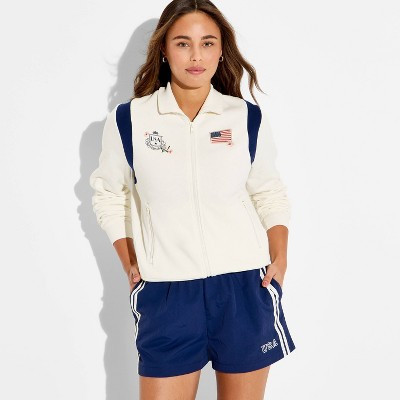 Women's USA Fleece Graphic Athletic Zip-Up Sweatshirt - White M | Target