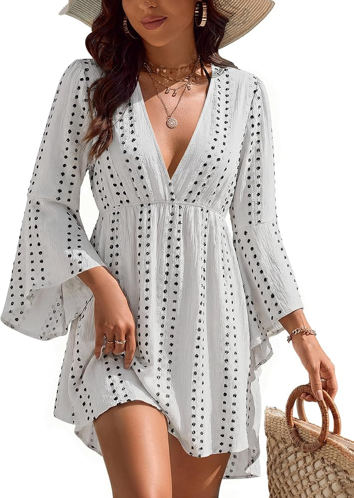 Blooming Jelly Womens Swimsuit Coverup V Neck Chiffon Bathing Suit Cover Up Beach Dress Swim Biki... | Amazon (US)