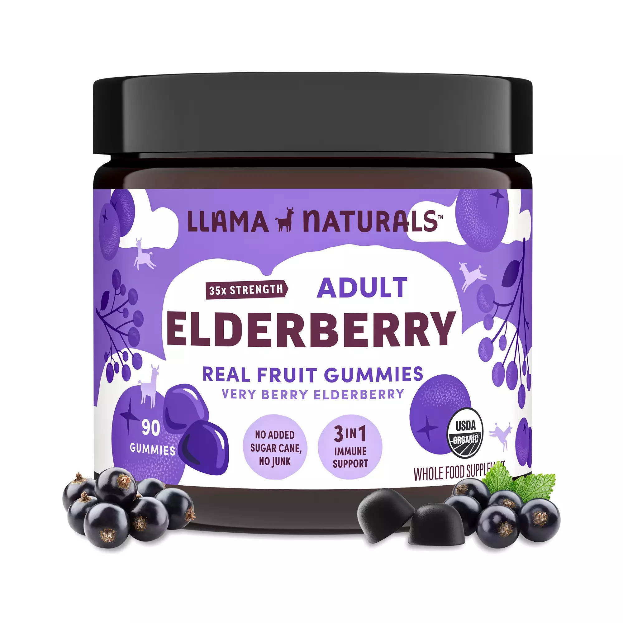 Llama Naturals Adult Organic 3 in 1 Immune Support Gummies, Elderberry 90 gummies | Thrive Market