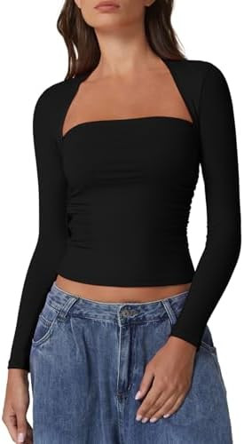 QINSEN Long Sleeve Square Neck Tops for Women Double Lined Side Ruching Going Out Shirts Basic Te... | Amazon (US)