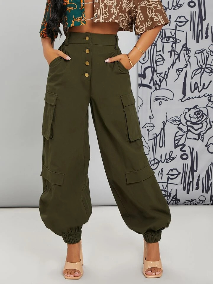 SHEIN SXY High Waist Single Breasted Utility Pocket Cargo Pants | SHEIN