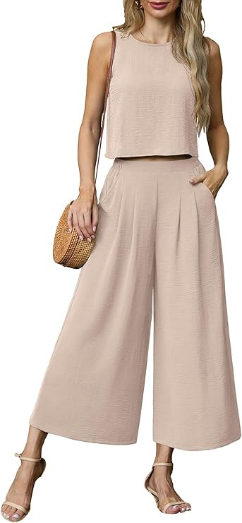 Lepunuo Womens Summer 2 Piece Outfits Sleeveless Crop Top Flowy Wide Leg Pants Matching Sets Vaca... | Amazon (US)