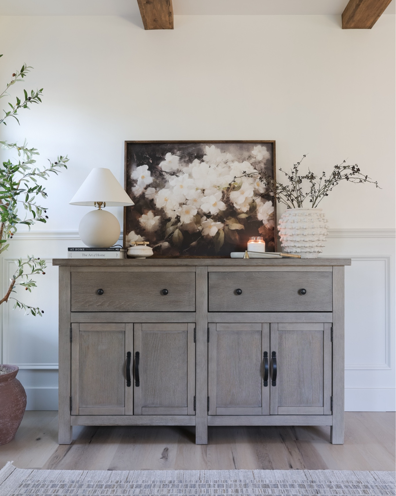 Sideboard, cabinet, storage cabinet, buffet cabinet, decor, olive tree, vase, ceramic vase, Loloi rug, Amber Lewis Loloi, 

#LTKFindsUnder100 #LTKHome