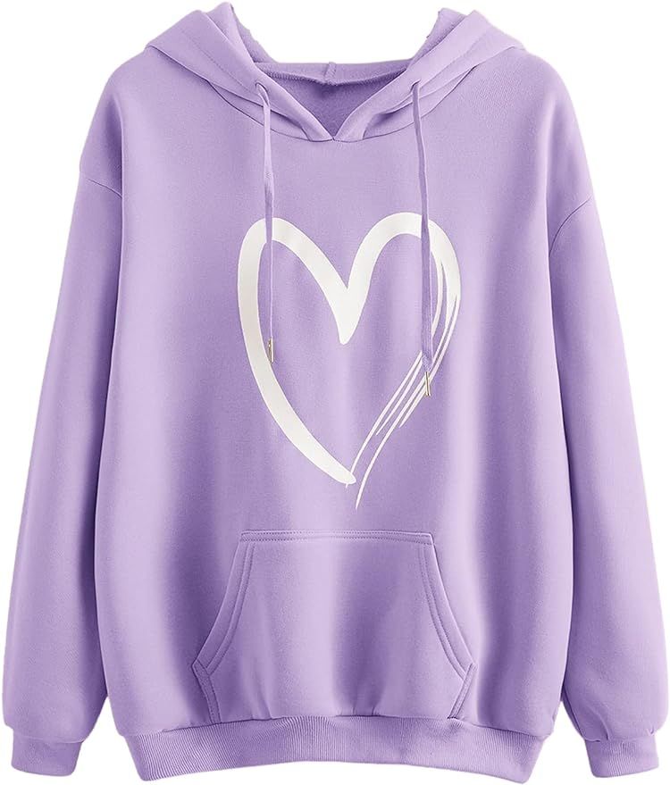 SweatyRocks Women's Casual Heart Print Long Sleeve Pullover Hoodie Sweatshirt Tops | Amazon (US)