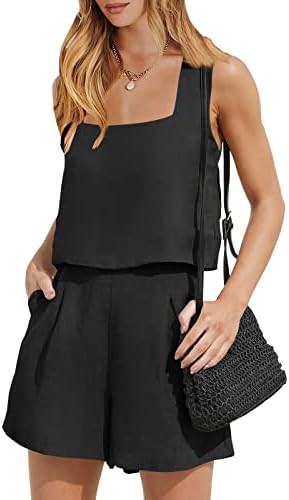 ANRABESS Conjunto feminino de 2 peças de linho com gola quadrada e short para relaxar 2023 roupa... | Amazon (BR)