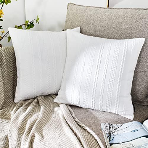 Booque Valley Pack of 2 Decorative Throw Pillow Covers, Ultra Soft Modern Braid Patterned Square Whi | Amazon (US)