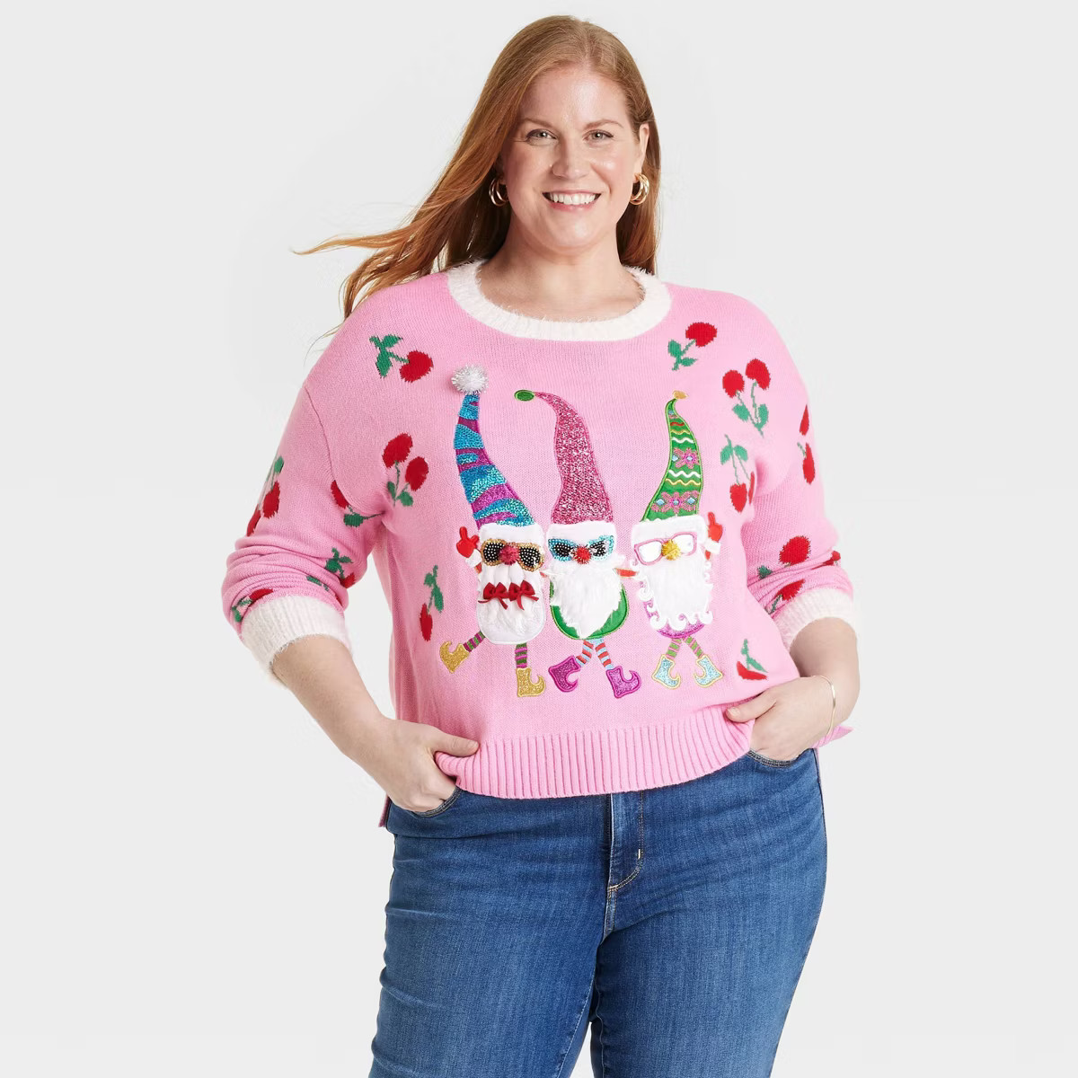 Women's Gnome Cherries Festive Graphic Sweater - Pink | Target