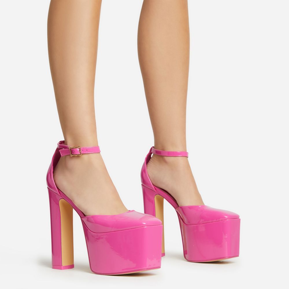 Popped Ankle Strap Square Toe Platform Block Heel In Pink Patent | EGO Shoes (US & Canada)