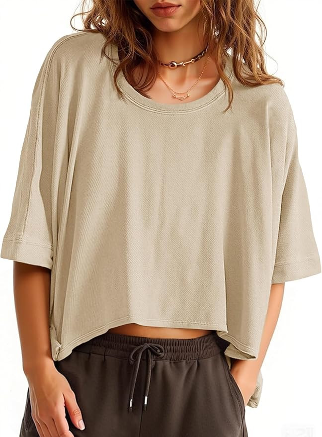 Tankaneo Womens Oversized T-Shirts Cropped Summer Casual Short Sleeve Loose Fit Tee Tops | Amazon (US)
