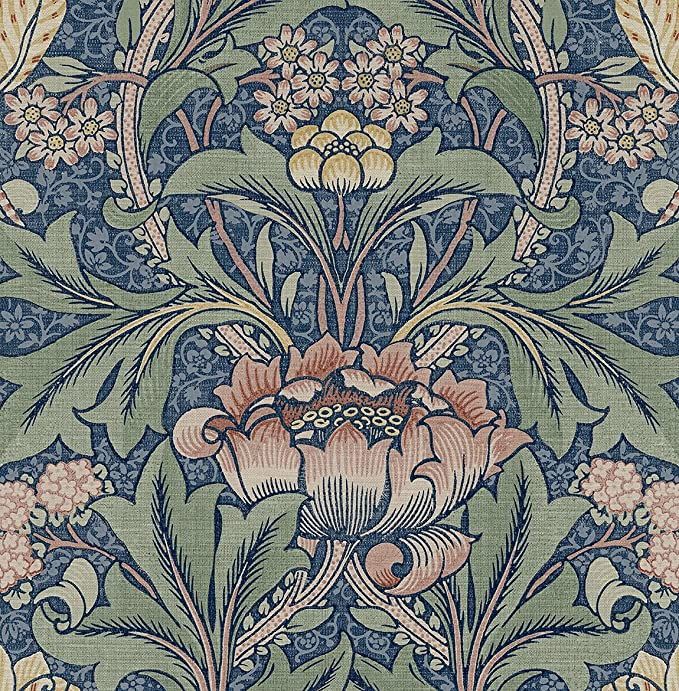 NextWall Morris Flower Botanical Peel and Stick Wallpaper (Denim Blue & Salmon) | Amazon (US)