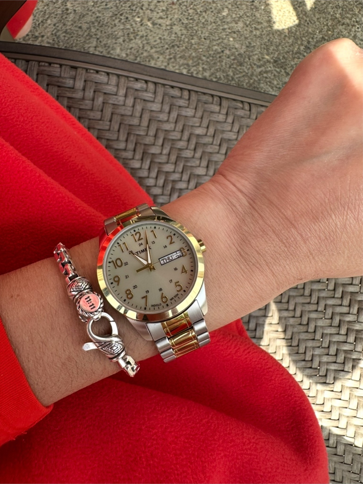 My watch! It’s affordable and does the job while looking stylish. This is a men’s stretch watch so I took a few links out. 
.
Also linked my bracelet! I’m wearing a small.