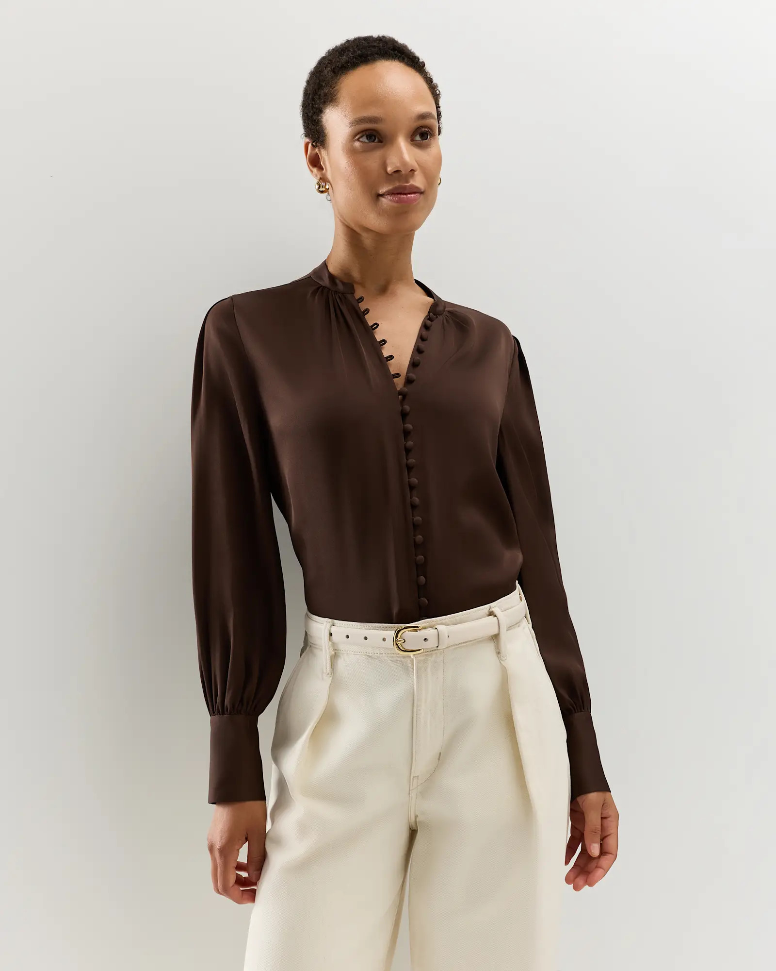 Washable Stretch Silk Peasant Blouse in Hot Fudge | Quince